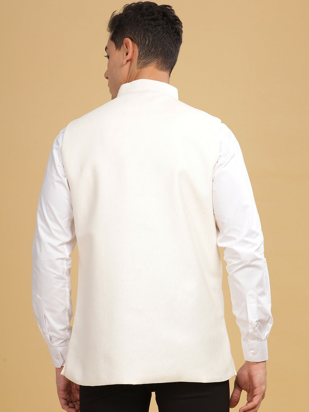 Men's White Solid Woven Nehru Jacket with Mandarin Collar & Sleeveless Design | Stylish & Elegant