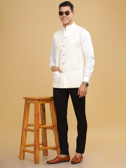 Men's White Solid Woven Nehru Jacket with Mandarin Collar & Sleeveless Design | Stylish & Elegant