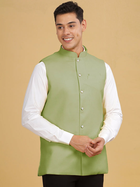 Men's Green Solid Woven Nehru Jacket with Mandarin Collar & Sleeveless Design