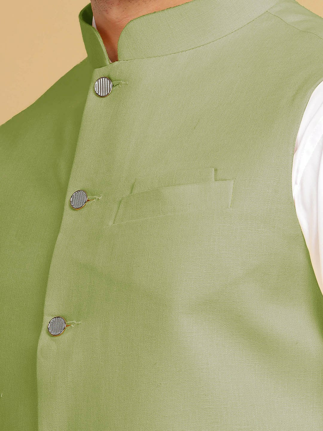 Men's Green Solid Woven Nehru Jacket with Mandarin Collar & Sleeveless Design