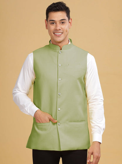 Men's Green Solid Woven Nehru Jacket with Mandarin Collar & Sleeveless Design