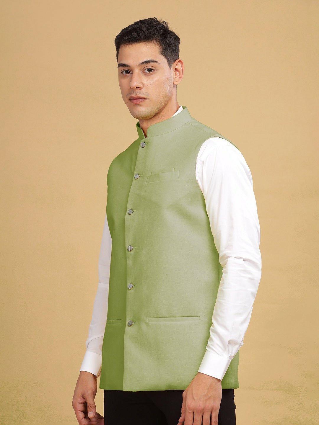 Men's Green Solid Woven Nehru Jacket with Mandarin Collar & Sleeveless Design