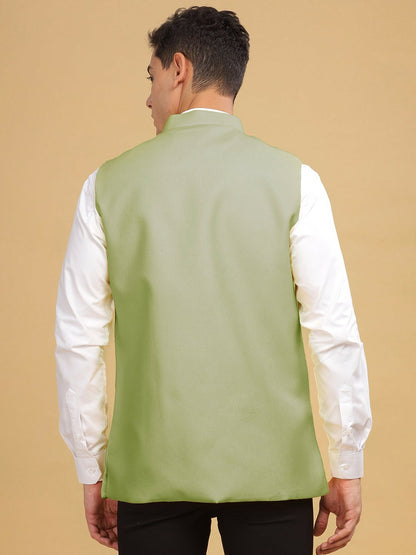 Men's Green Solid Woven Nehru Jacket with Mandarin Collar & Sleeveless Design