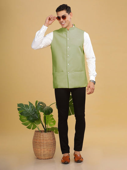 Men's Green Solid Woven Nehru Jacket with Mandarin Collar & Sleeveless Design