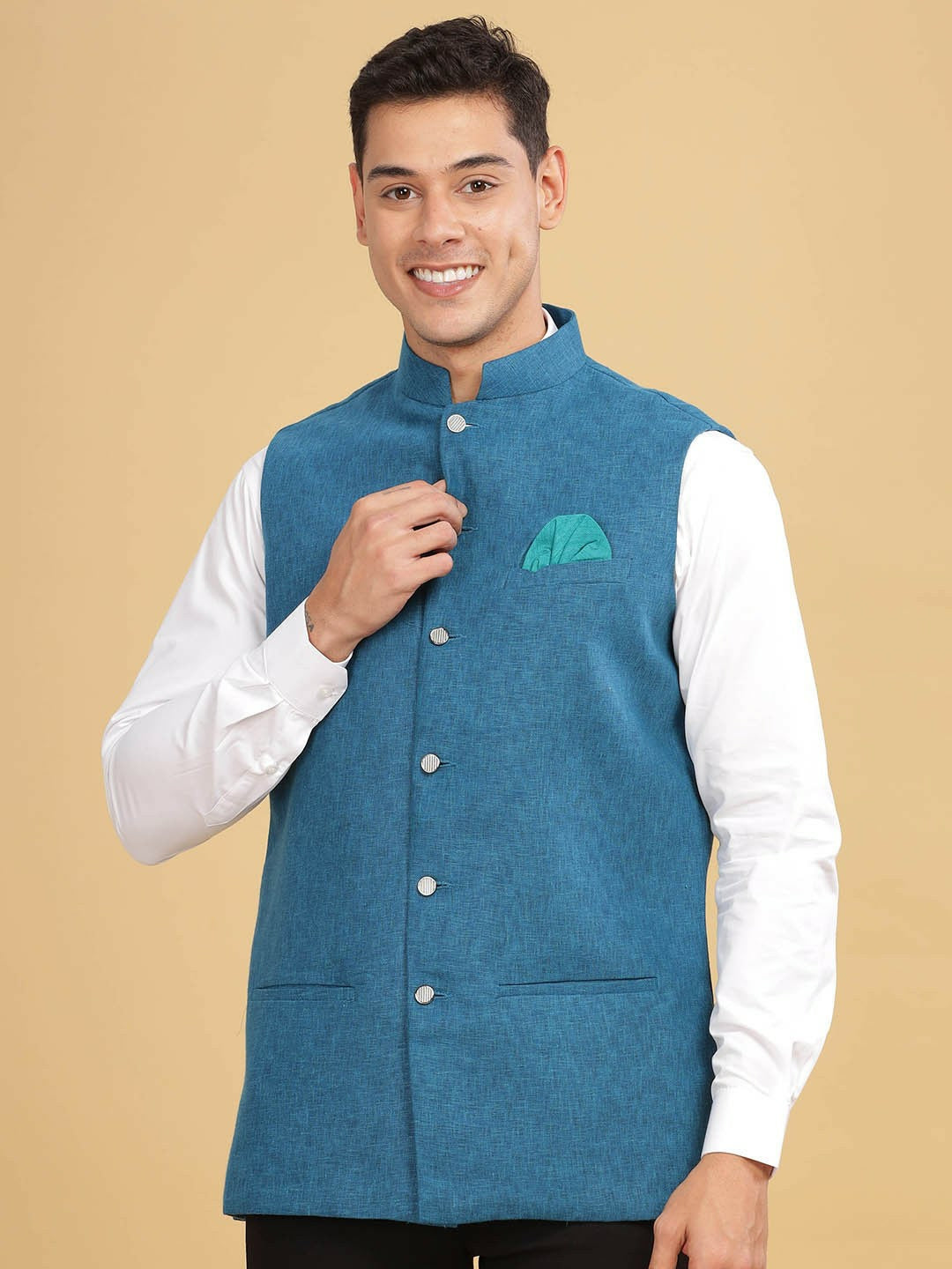 Blue Woven-Design Nehru Jacket for Men | Mandarin Collar, Sleeveless, 2 Pockets