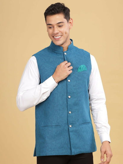 Blue Woven-Design Nehru Jacket for Men | Mandarin Collar, Sleeveless, 2 Pockets