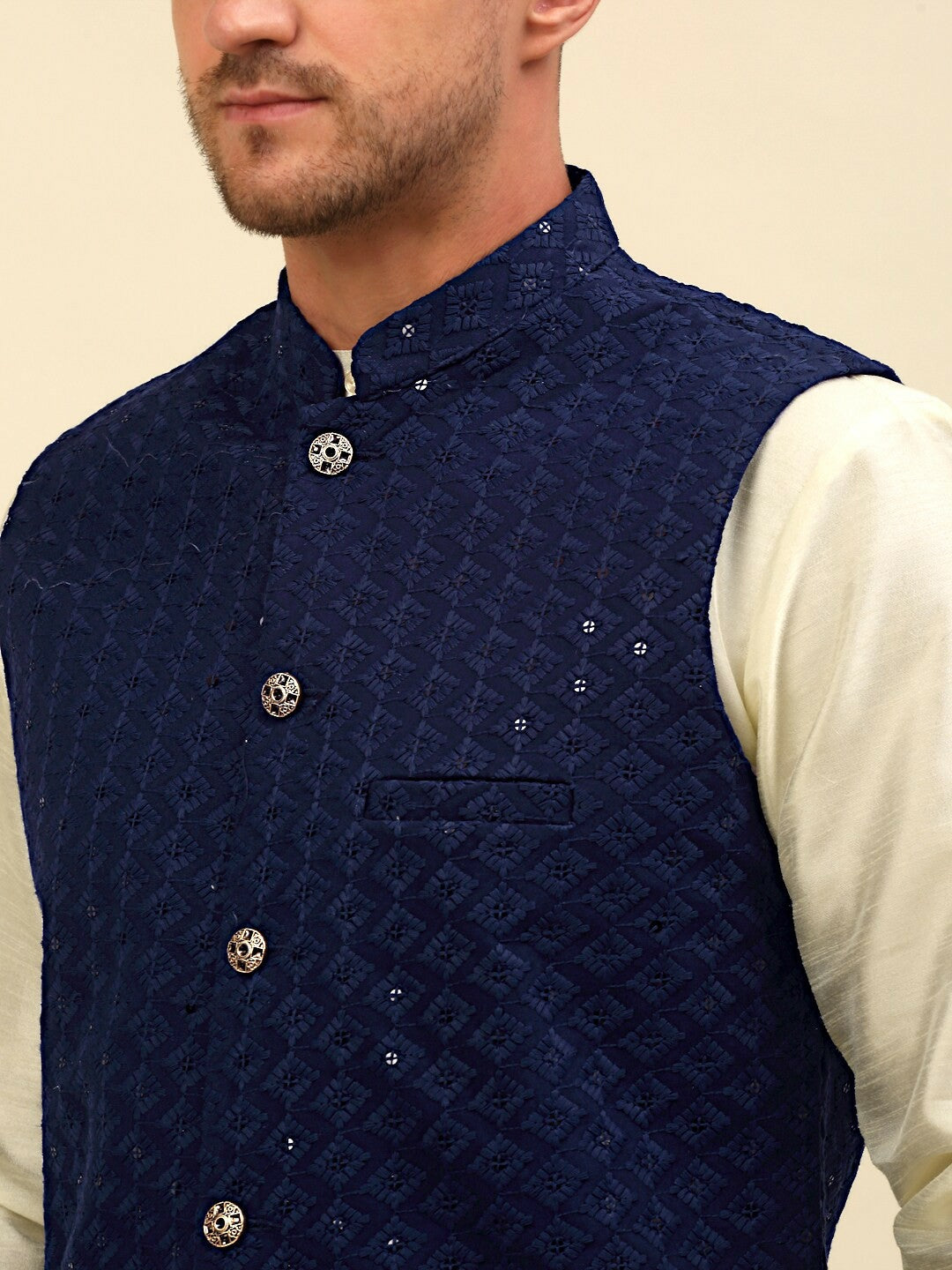 Buy Navy Blue Embroidered Nehru Jacket for Men – Regular Fit, Stylish & Elegant | Indiaista