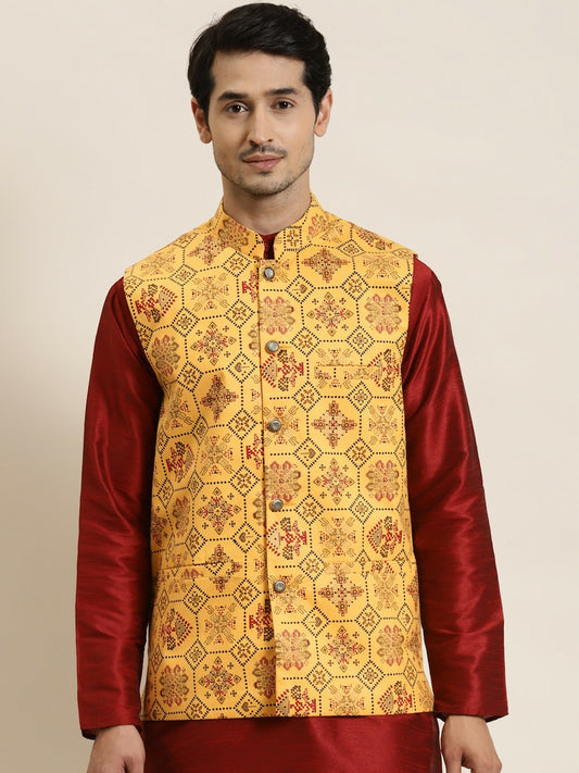 Men’s Yellow Ethnic Motifs Printed Nehru Jacket – Traditional Elegance
