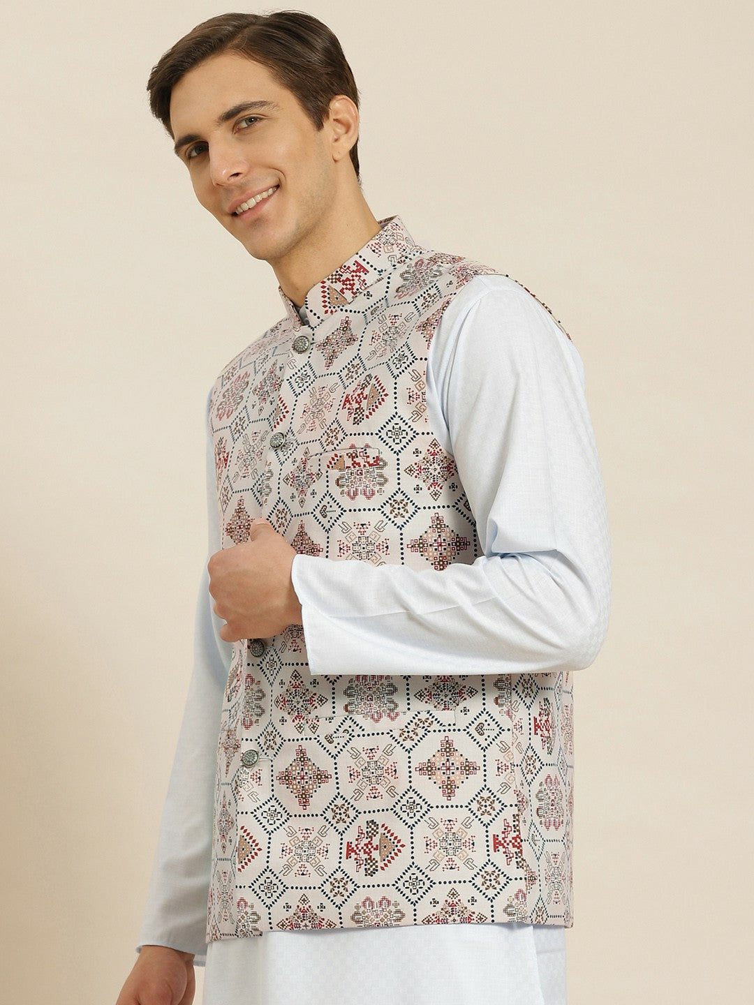 Men’s Off-White Printed Cotton Linen Nehru Jacket – Traditional Elegance