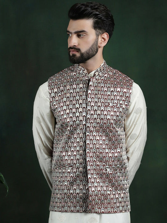 Men’s Geometric Woven Nehru Jacket – Contemporary Elegance