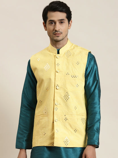 Men’s Yellow Mirror Work Nehru Jacket – Festive Elegance