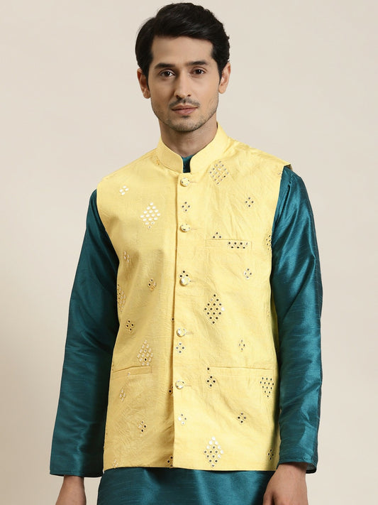 Men’s Yellow Mirror Work Nehru Jacket – Festive Elegance
