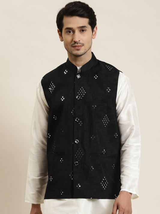 Men’s Black Mirror Work Nehru Jacket – Festive Sophistication