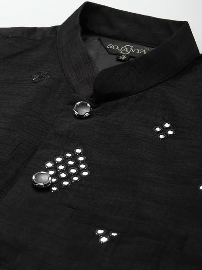 Men’s Black Mirror Work Nehru Jacket – Festive Sophistication