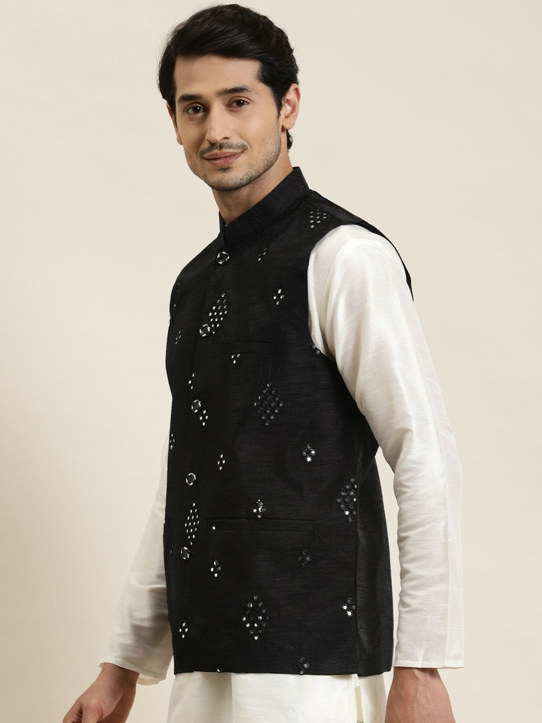 Men’s Black Mirror Work Nehru Jacket – Festive Sophistication
