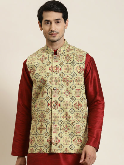 Men’s Olive Green Ethnic Motifs Printed Nehru Jacket – Traditional Elegance