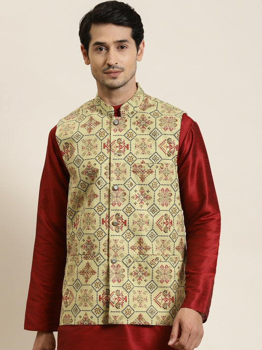 Men’s Olive Green Ethnic Motifs Printed Nehru Jacket – Traditional Elegance