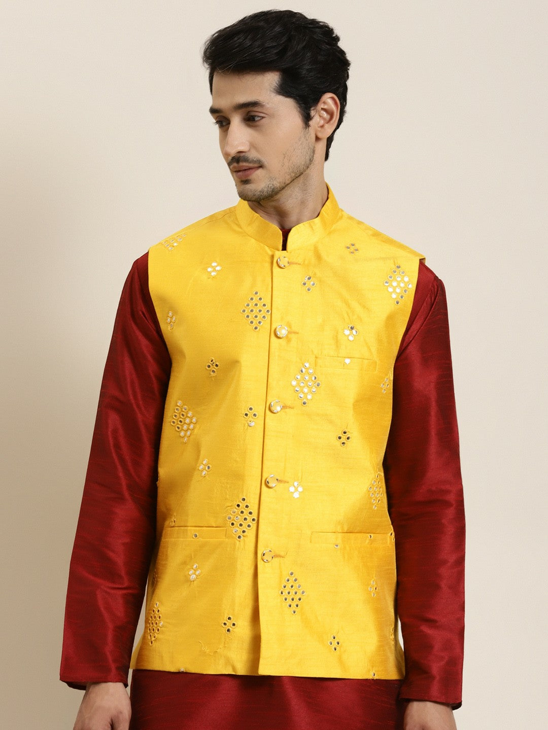 Men’s Yellow Mirror Work Nehru Jacket – Festive Radiance