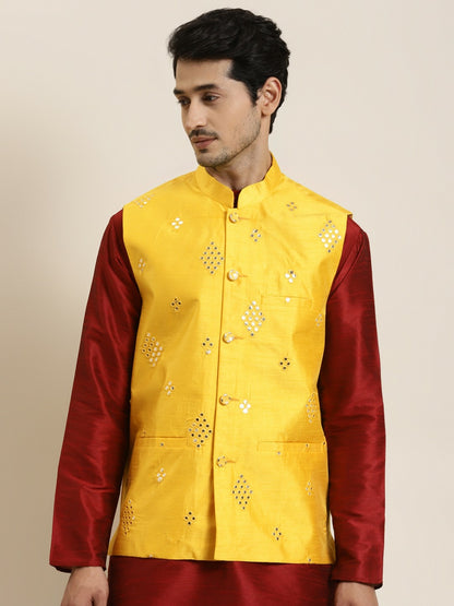 Men’s Yellow Mirror Work Nehru Jacket – Festive Radiance