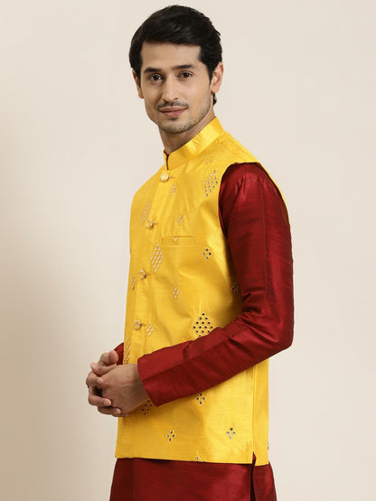 Men’s Yellow Mirror Work Nehru Jacket – Festive Radiance
