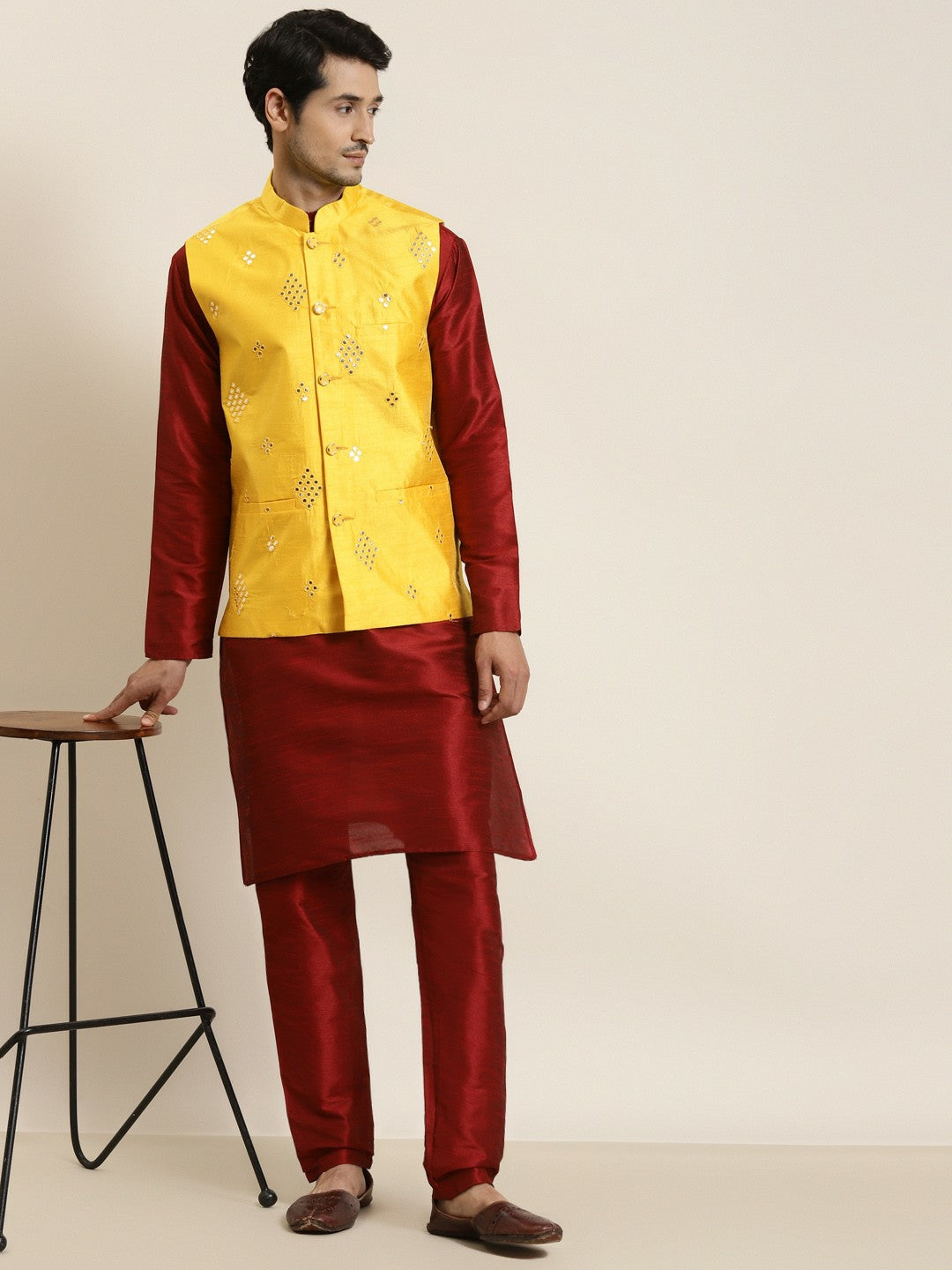 Men’s Yellow Mirror Work Nehru Jacket – Festive Radiance