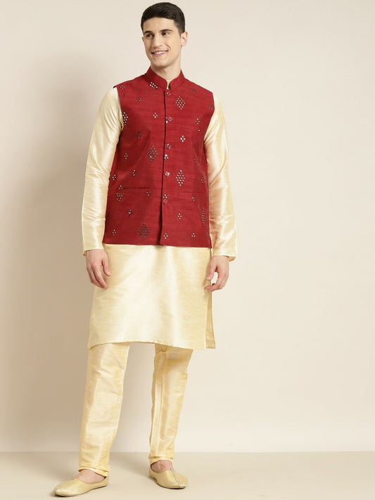 Men’s Maroon Mirror Work Nehru Jacket – Festive Elegance