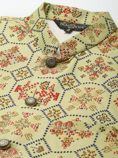 Men’s Olive Green Ethnic Motifs Printed Nehru Jacket – Traditional Elegance