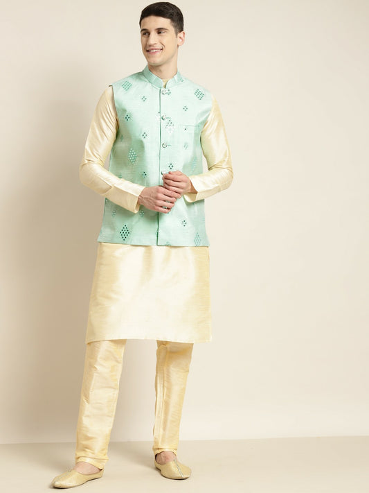 Men’s Sea Green Mirror Work Nehru Jacket – Festive Elegance