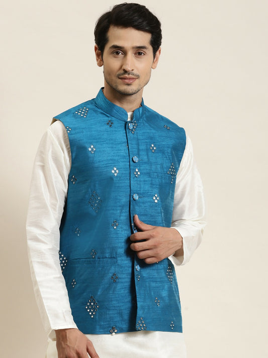 Men’s Blue Mirror Work Nehru Jacket – Festive Elegance