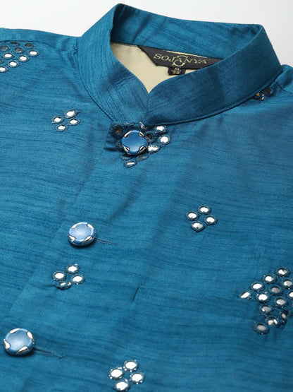 Men’s Blue Mirror Work Nehru Jacket – Festive Elegance
