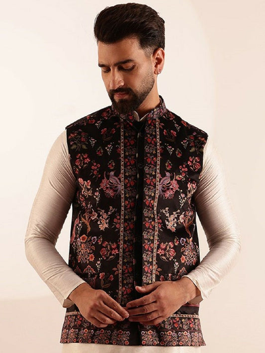 Men’s Black Paisley Printed Nehru Jacket – Traditional Elegance
