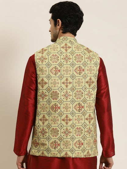 Men’s Olive Green Ethnic Motifs Printed Nehru Jacket – Traditional Elegance