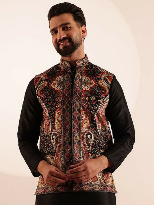 Men’s Black Velvet Printed Nehru Jacket – Festive Elegance