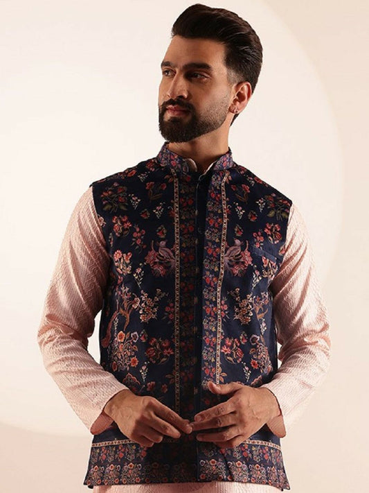 Men’s Navy Blue Paisley Printed Nehru Jacket – Traditional Elegance