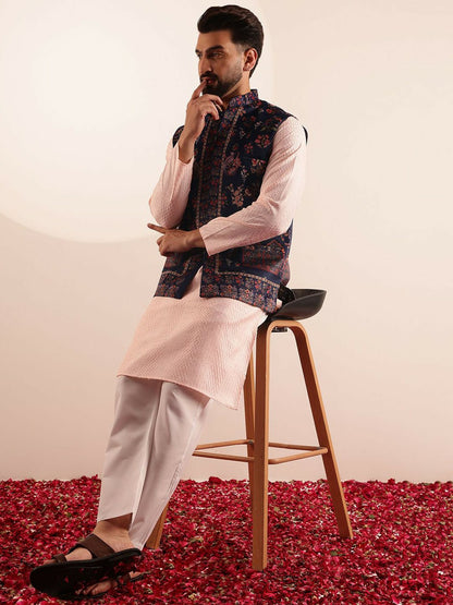Men’s Navy Blue Paisley Printed Nehru Jacket – Traditional Elegance