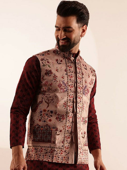 Men’s Maroon Velvet Printed Nehru Jacket – Festive Elegance