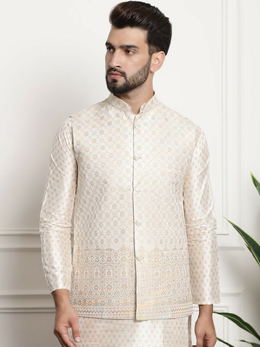 Men’s Cream Embroidered Mandarin Collar Nehru Jacket – Timeless Elegance
