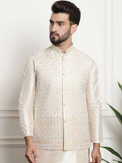 Men’s Cream Embroidered Mandarin Collar Nehru Jacket – Timeless Elegance