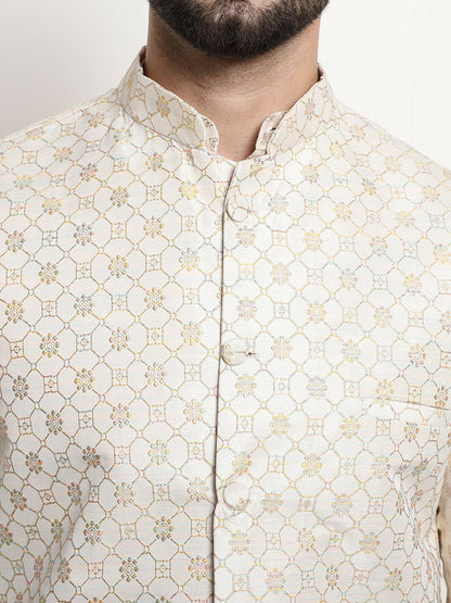 Men’s Cream Embroidered Mandarin Collar Nehru Jacket – Timeless Elegance