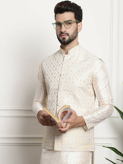 Men’s Cream Embroidered Mandarin Collar Nehru Jacket – Timeless Elegance
