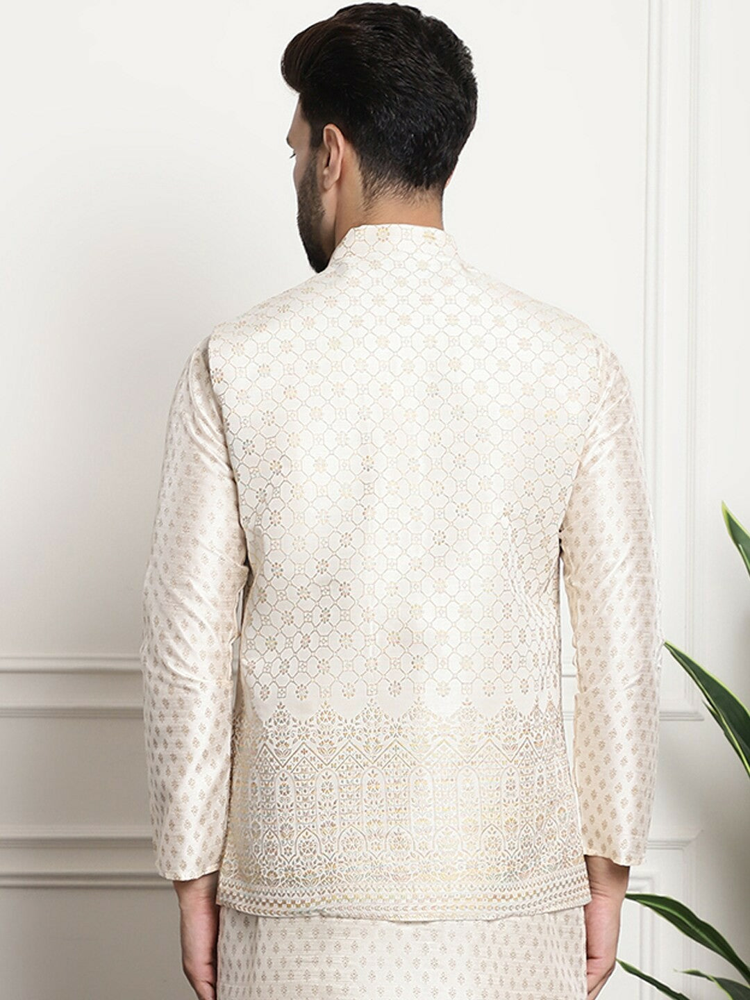 Men’s Cream Embroidered Mandarin Collar Nehru Jacket – Timeless Elegance