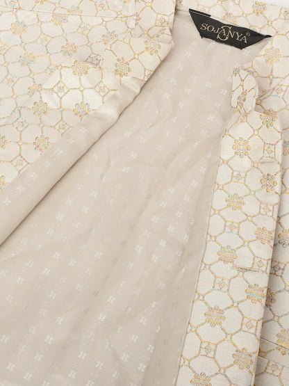 Men’s Cream Embroidered Mandarin Collar Nehru Jacket – Timeless Elegance