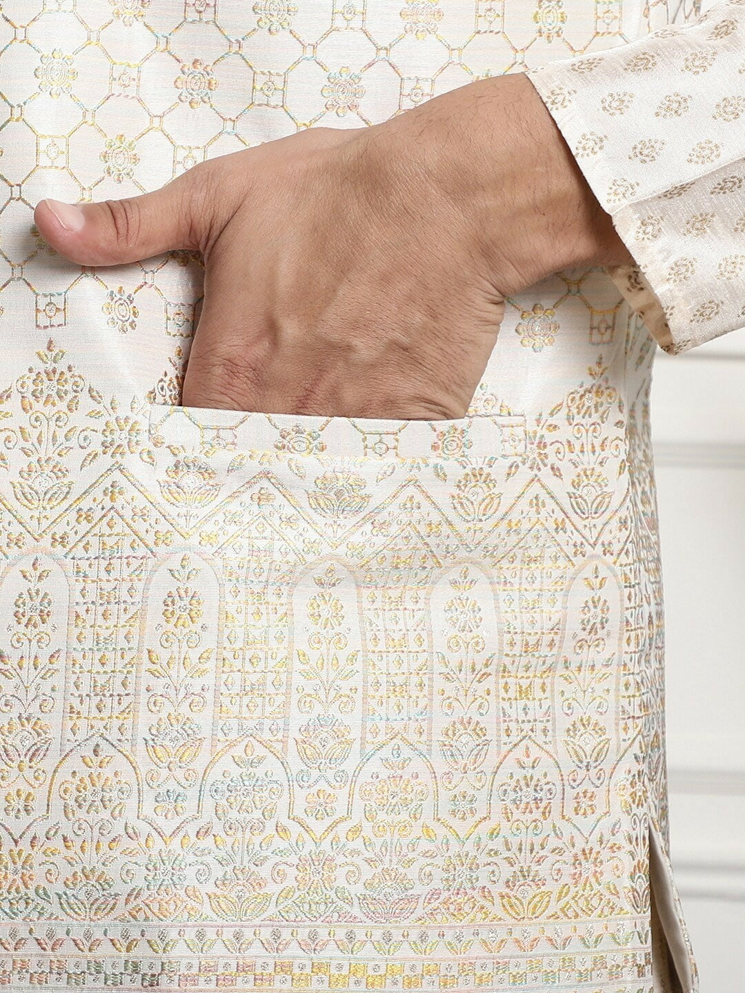 Men’s Cream Embroidered Mandarin Collar Nehru Jacket – Timeless Elegance