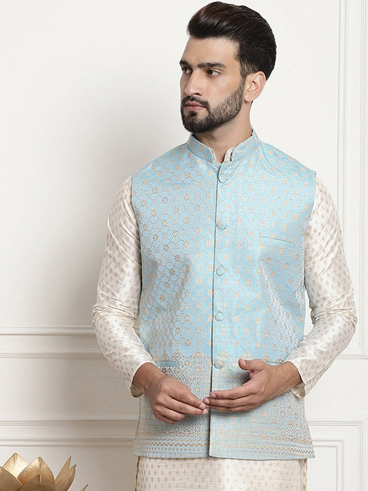 Men’s Blue & Gold Ethnic Motifs Woven Nehru Jacket – Timeless Elegance