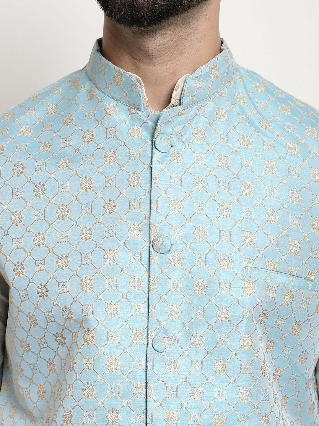 Men’s Blue & Gold Ethnic Motifs Woven Nehru Jacket – Timeless Elegance