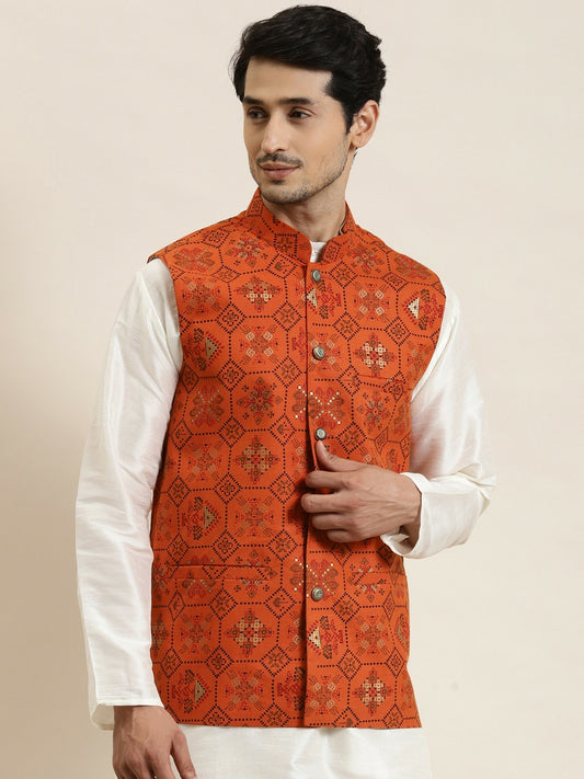 Men’s Orange Ethnic Motifs Printed Nehru Jacket – Traditional Elegance