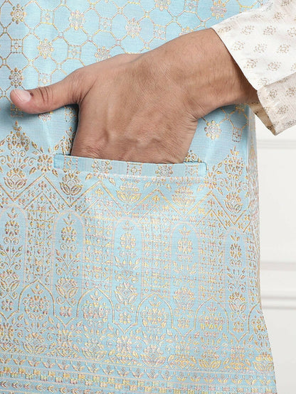Men’s Blue & Gold Ethnic Motifs Woven Nehru Jacket – Timeless Elegance