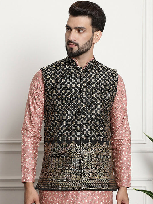 Men’s Black & Gold Embroidered Ethnic Motifs Nehru Jacket – Regal Festive Wear