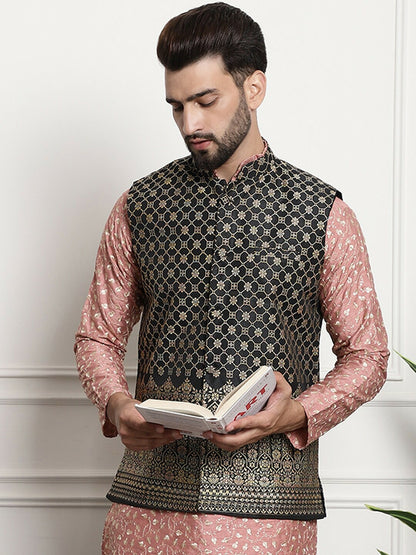 Men’s Black & Gold Embroidered Ethnic Motifs Nehru Jacket – Regal Festive Wear