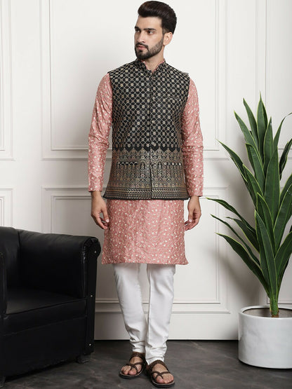 Men’s Black & Gold Embroidered Ethnic Motifs Nehru Jacket – Regal Festive Wear